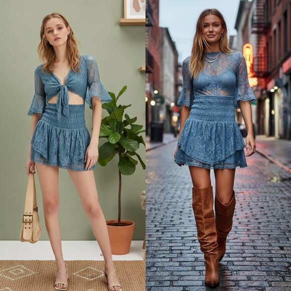 NEW Free People Lala Lace Mini Dress Baby Denim Blue Boho Romantic Femme Medium - Picture 1 of 9